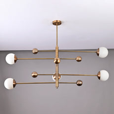 Mid-Century Modern Brass Chandelier with Glass Globes – 5-Light Minimalist Ceiling Light Fixture | Customizable Glass Globe Fixture 32461