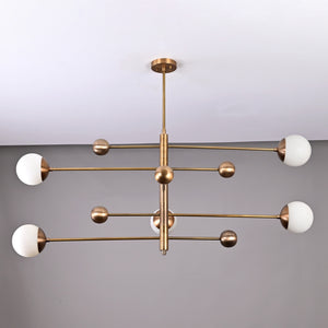 Mid-Century Modern Brass Chandelier with Glass Globes – 5-Light Minimalist Ceiling Light Fixture | Customizable Glass Globe Fixture 32461