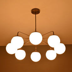 8-Arm Brass Chandelier with Opal Glass Globes Industrial Modern Ceiling Light 30