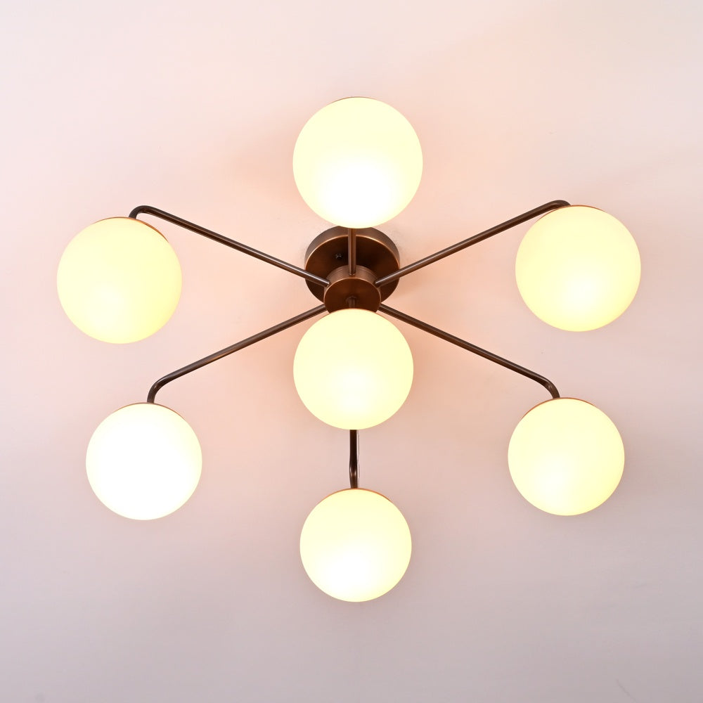 Modern Brass Globe Chandelier – Customizable Flush Mount Ceiling Light |  Mid-Century Fixture | Multiple Finish Options | 6-Light - 32467