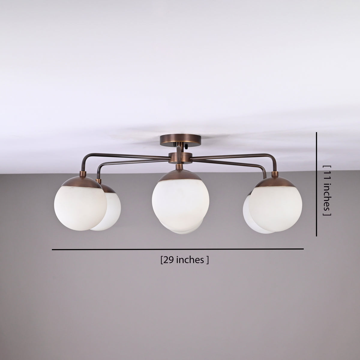 Modern Brass Globe Chandelier – Customizable Flush Mount Ceiling Light |  Mid-Century Fixture | Multiple Finish Options | 6-Light - 32467