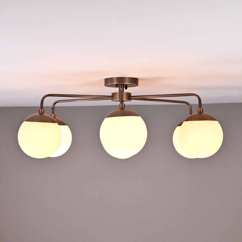 Modern Brass Globe Chandelier – Customizable Flush Mount Ceiling Light |  Mid-Century Fixture | Multiple Finish Options | 6-Light - 32467
