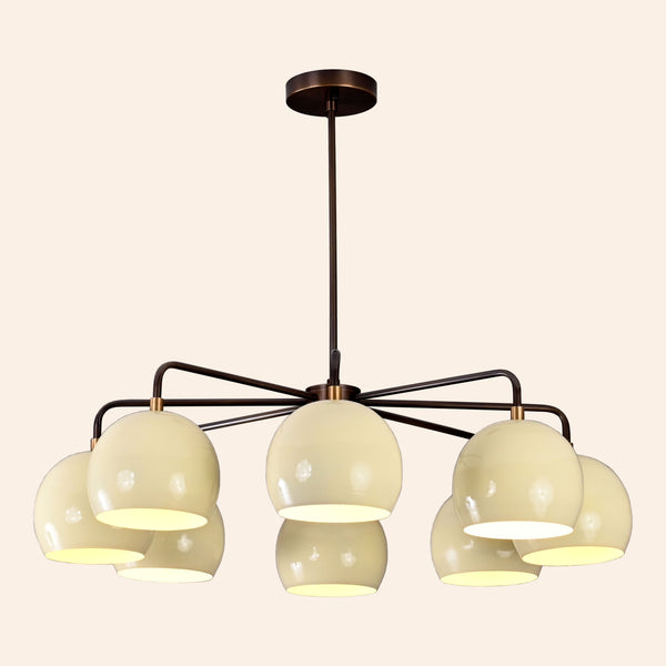 Customizable Brass Globe Chandelier – 30” Handmade Ceiling Light with Ivory Shades | Modern & Mid-Century Lighting Fixture 32468