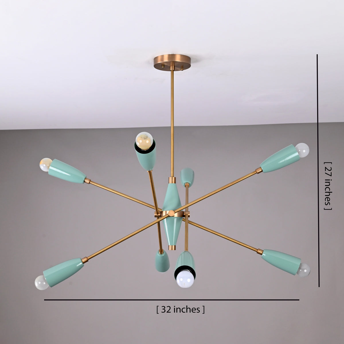 Mid-century modern Sputnik chandelier showing dimensions, 32 inches wide and 27 inches tall, with brass arms and teal light shades