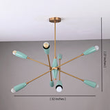 Mid-century modern Sputnik chandelier showing dimensions, 32 inches wide and 27 inches tall, with brass arms and teal light shades
