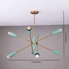 Mid-century modern Sputnik chandelier showing dimensions, 32 inches wide and 27 inches tall, with brass arms and teal light shades