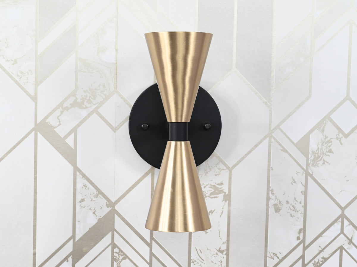 Mid-Century Modern Brass Wall Sconce | Double Cone Light | Customizable Handcrafted Fixture - 32501