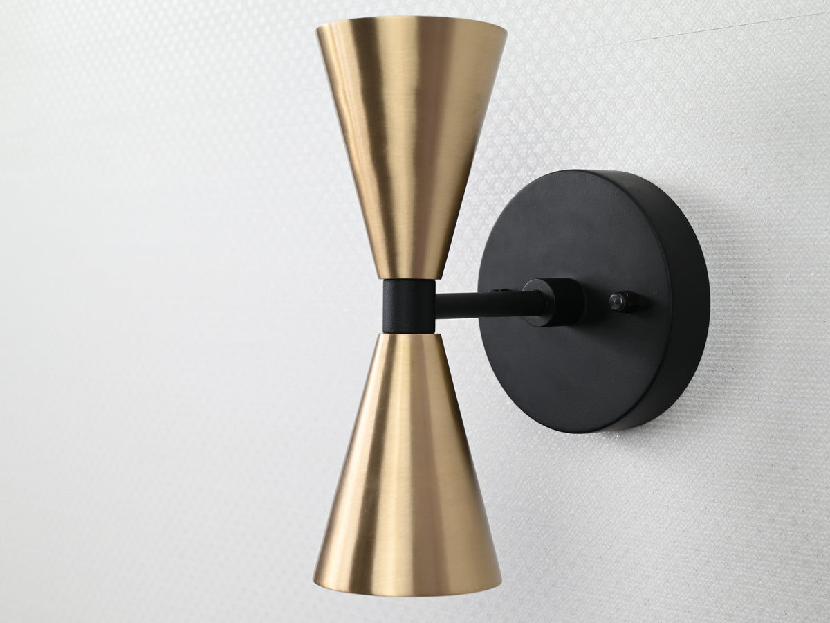 Mid-Century Modern Brass Wall Sconce | Double Cone Light | Customizable Handcrafted Fixture - 32501