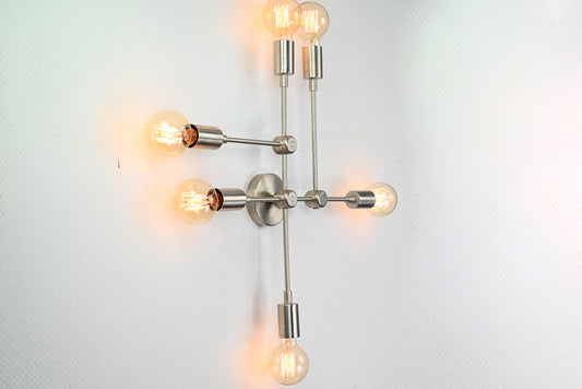Mid-Century Modern Customizable Wall Sconce | 6-Light Brass Fixture with Geometric Arm Layout - 32546
