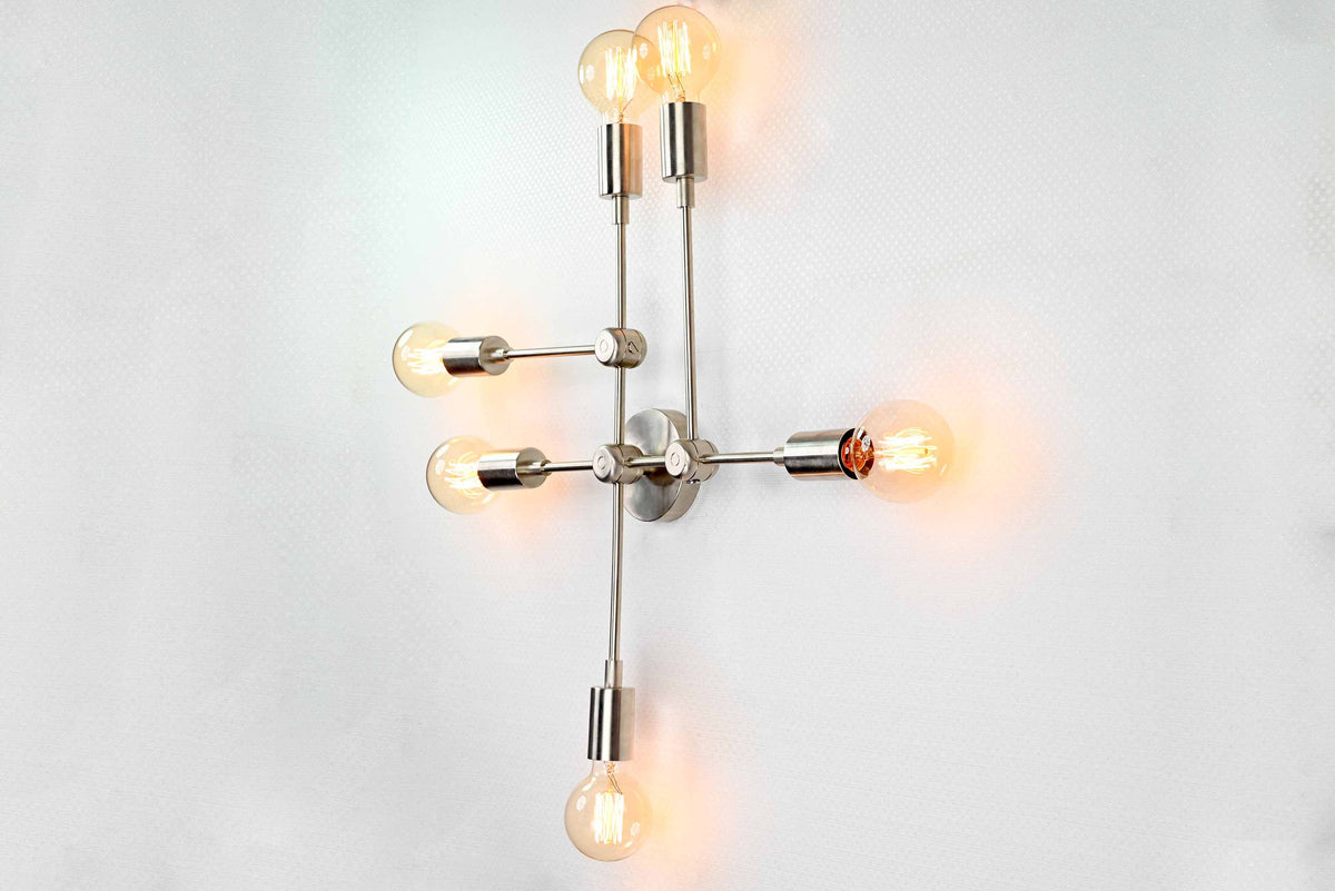 Mid-Century Modern Customizable Wall Sconce | 6-Light Brass Fixture with Geometric Arm Layout - 32546