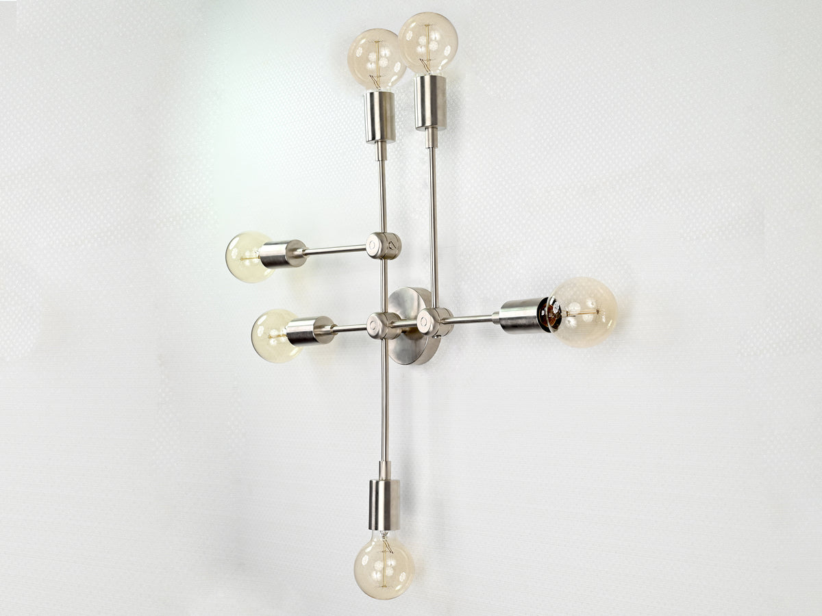 Mid-Century Modern Customizable Wall Sconce | 6-Light Brass Fixture with Geometric Arm Layout - 32546