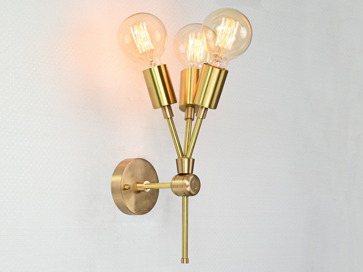 Mid-Century Triple-Light Customizable Wall Sconce | Brass Accent Lighting for Interior Elegance - 32552