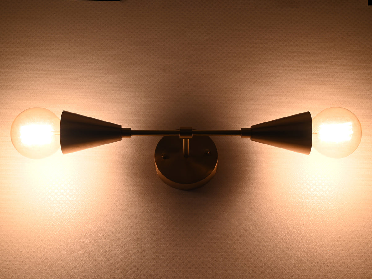 Mid-Century Modern Double Cone Wall Sconce | Customizable Brass Light Fixture for Hall or Vanity - 32571