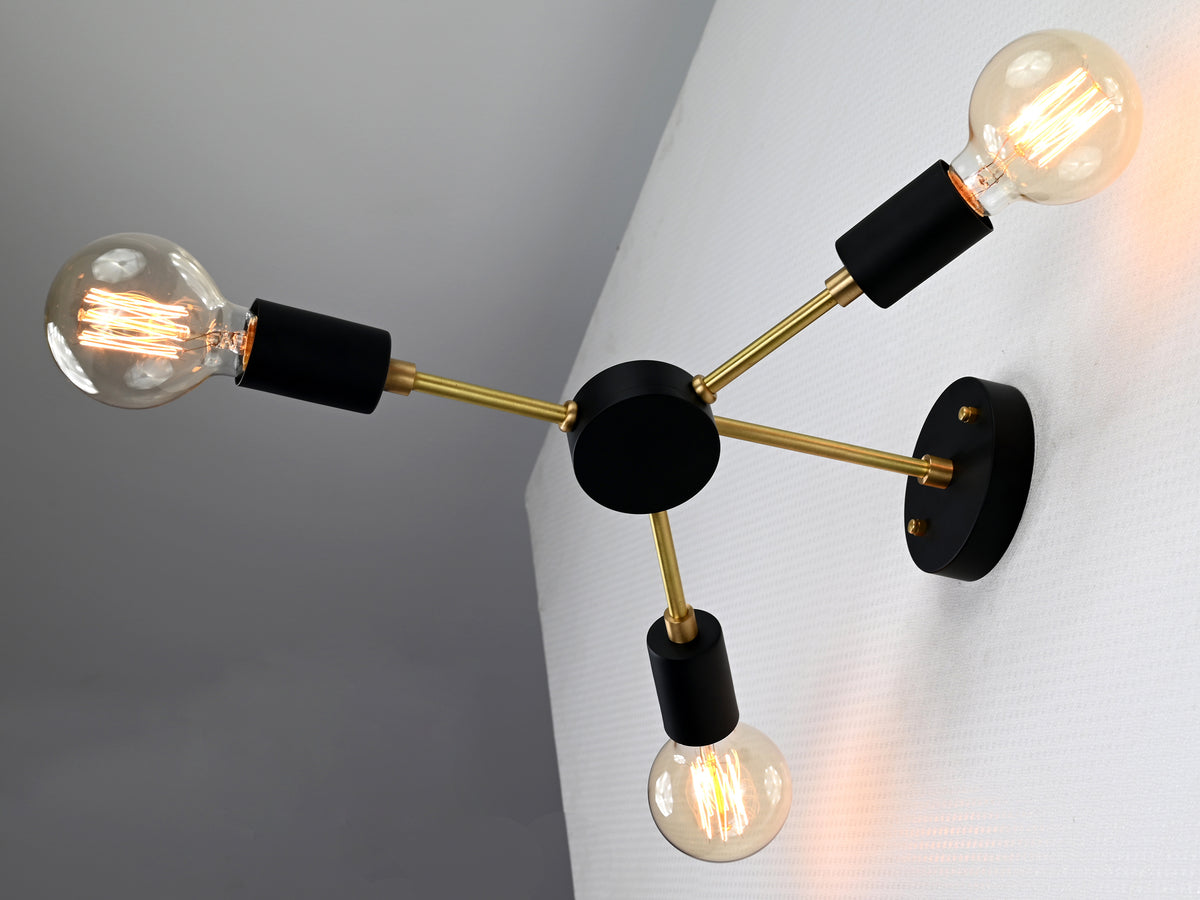 Mid-Century Modern Brass Wall Sconce | Customizable 3-Light Fixture for Living Room, Hallway, Entryway - 32574