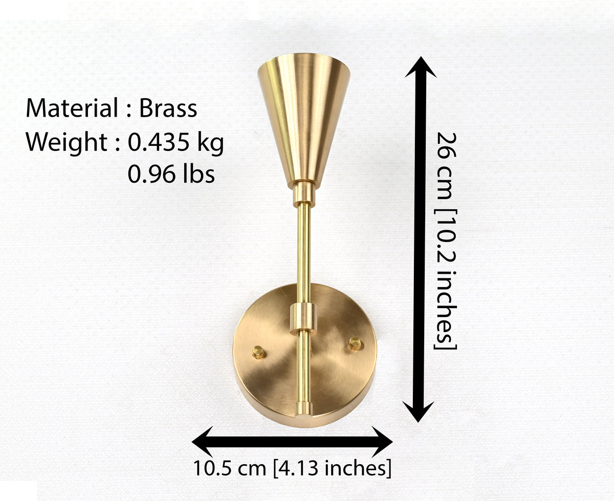 Mid-Century Modern Brass Wall Sconce | Cone Light with Exposed Bulb | Customizable Handmade Fixture - 32575