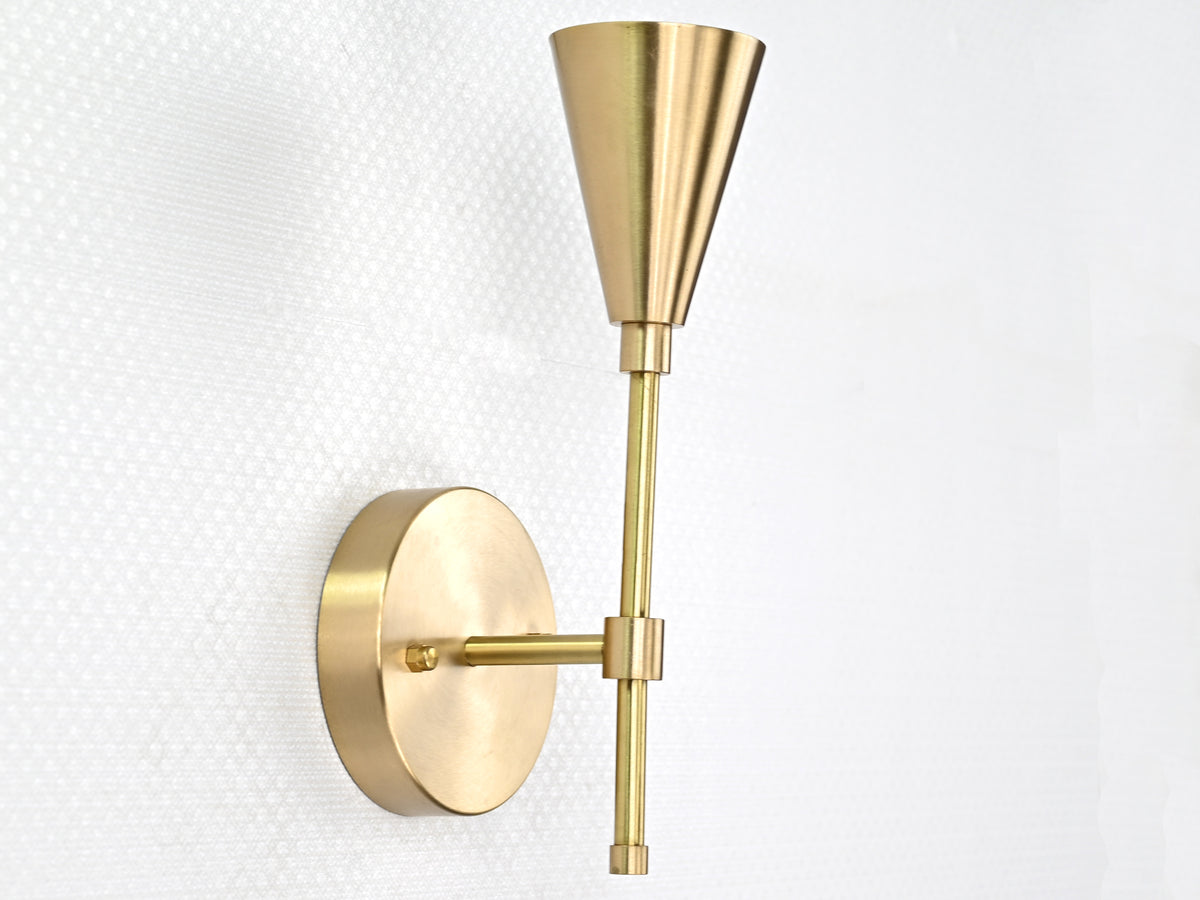 Mid-Century Modern Brass Wall Sconce | Cone Light with Exposed Bulb | Customizable Handmade Fixture - 32575