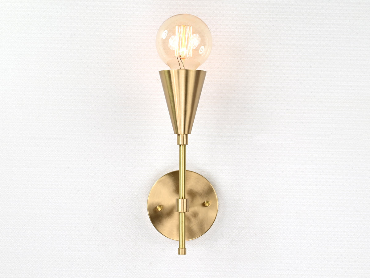 Mid-Century Modern Brass Wall Sconce | Cone Light with Exposed Bulb | Customizable Handmade Fixture - 32575