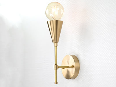 Mid-Century Modern Brass Wall Sconce | Cone Light with Exposed Bulb | Customizable Handmade Fixture - 32575