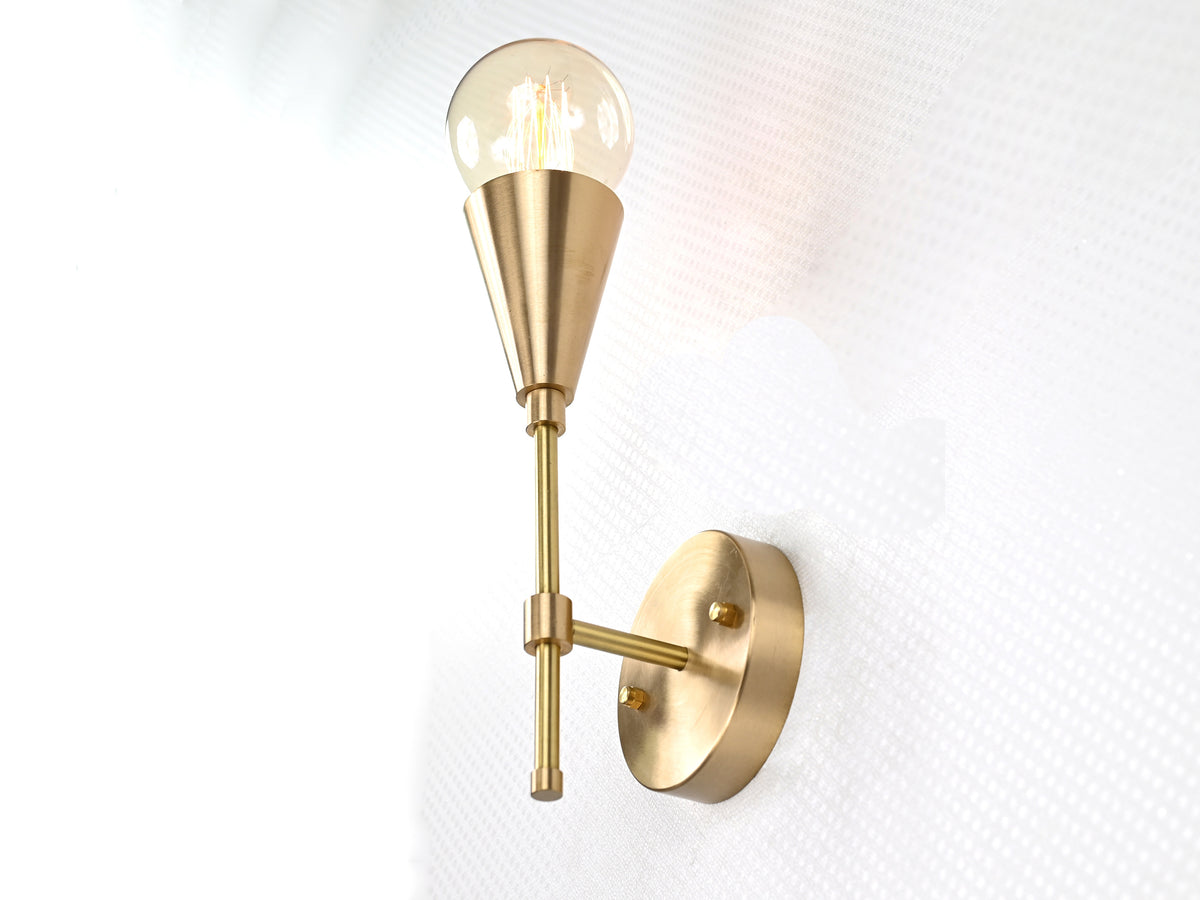 Mid-Century Modern Brass Wall Sconce | Cone Light with Exposed Bulb | Customizable Handmade Fixture - 32575