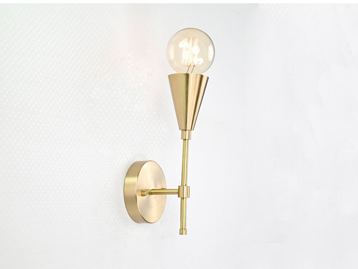 Mid-Century Modern Brass Wall Sconce | Cone Light with Exposed Bulb | Customizable Handmade Fixture - 32575