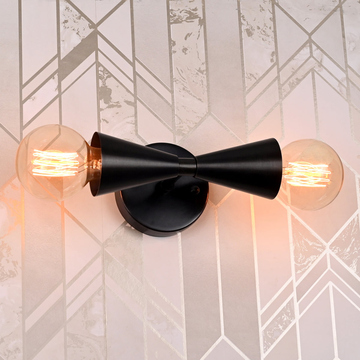 Modern Double Cone Wall Sconce with Exposed Bulbs | Customizable Compact Decorative Light Fixture - 32609