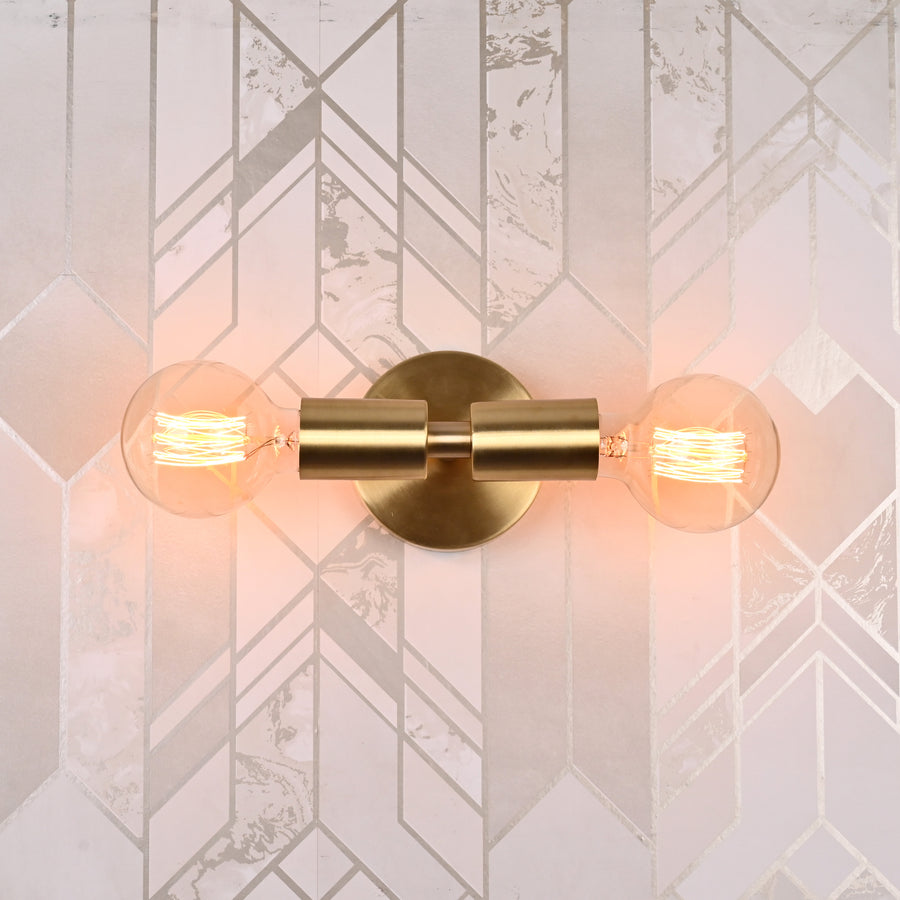 Mid-Century Modern Brass Tube Wall Sconce | Customizable Dual-Bulb Light Fixture For Bathroom Vanity - 32615
