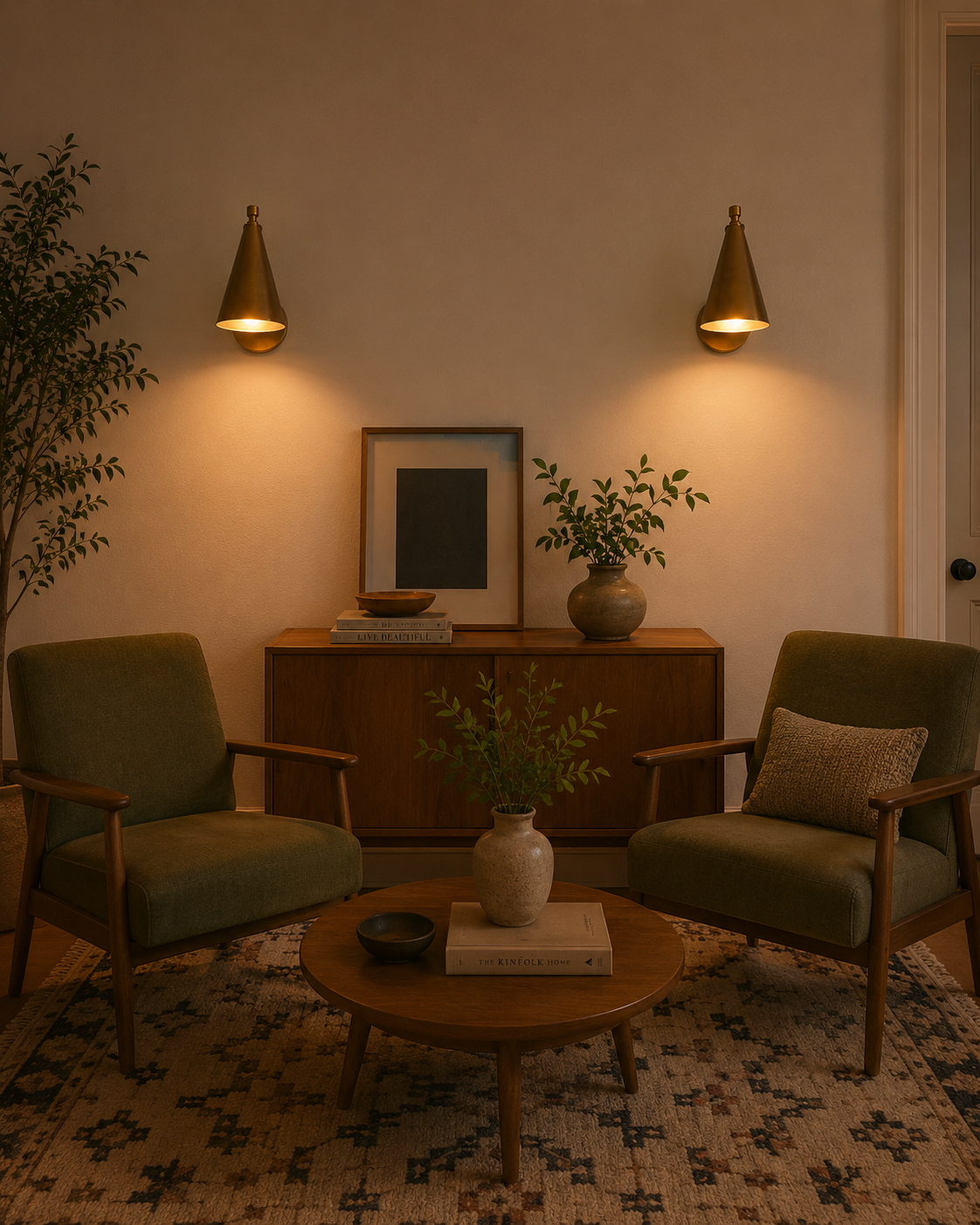 A cozy living room scene with two green upholstered armchairs facing a round wooden coffee table, set in front of a wooden sideboard with framed art and plants. Two brass cone-shaped wall sconces cast a warm glow on the beige wall above.