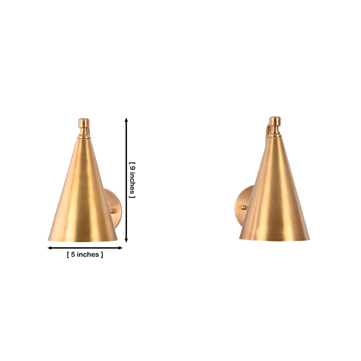 Two views of a cone-shaped wall sconce in brushed brass, with dimension labels showing 5 inches wide and 8 inches tall on a white background.