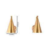 Two views of a cone-shaped wall sconce in brushed brass, with dimension labels showing 5 inches wide and 8 inches tall on a white background.