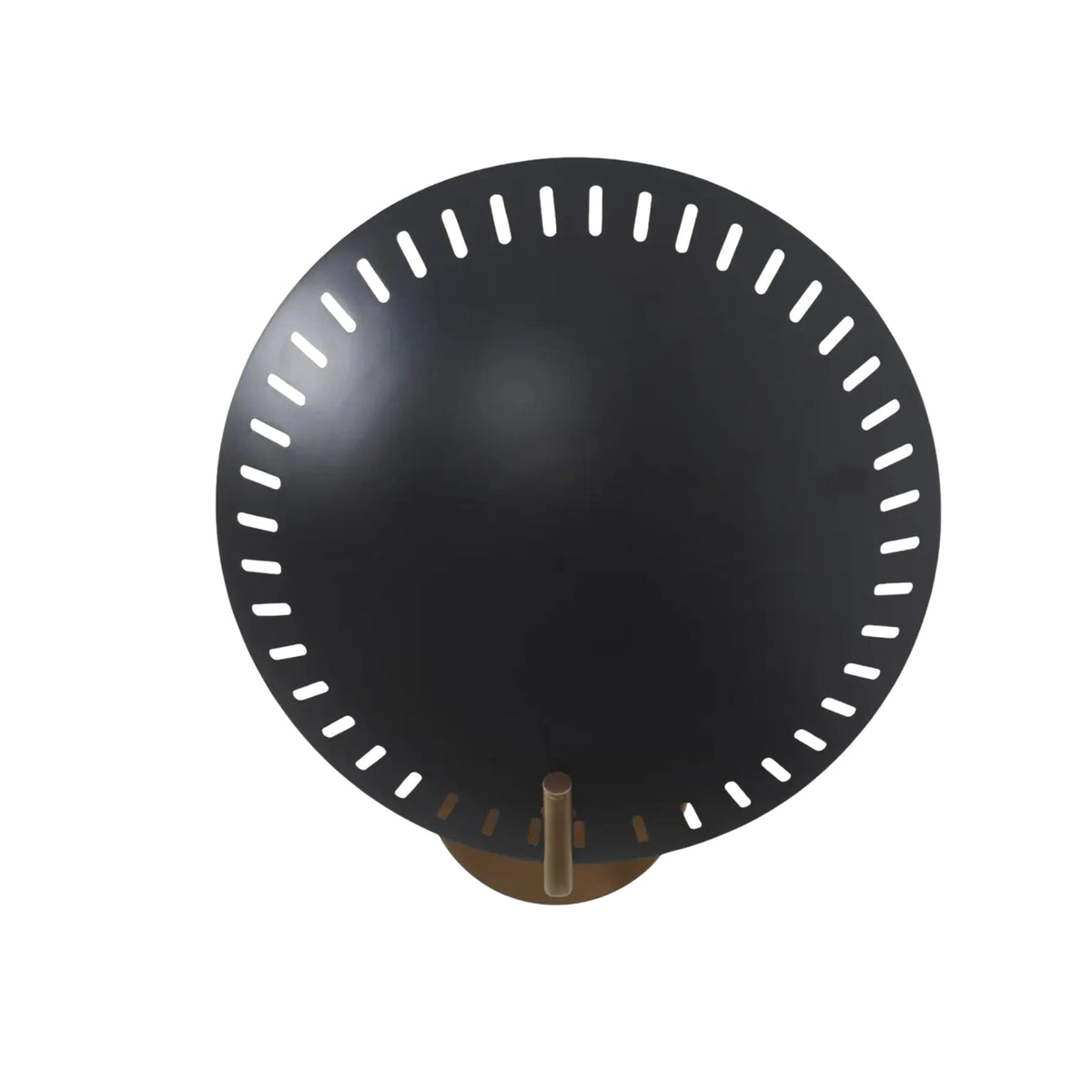 A round black metal wall clock with a perforated outer rim and a small bronze-toned base, shown against a plain white background.