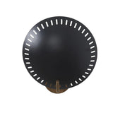 A round black metal wall clock with a perforated outer rim and a small bronze-toned base, shown against a plain white background.