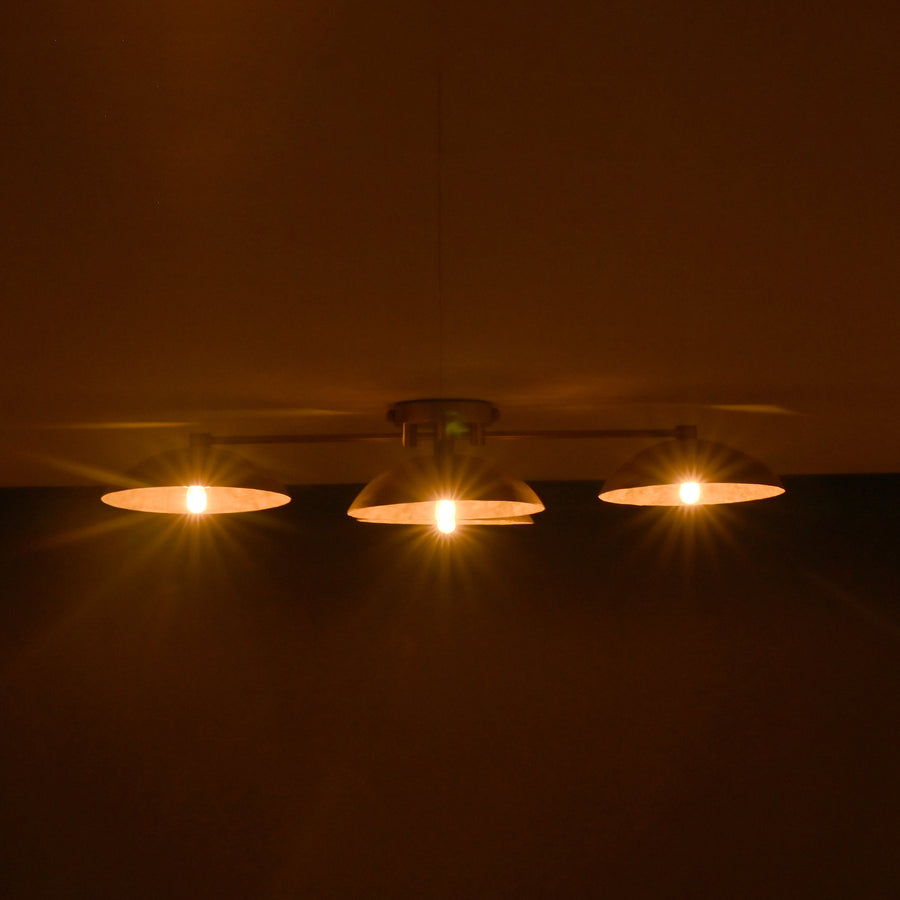 Front view of 4 disc bowl brass flush mount ceiling light with brushed brass finish by Brass Leaf Studio