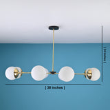 Side view of a mid-century brass globe chandelier with white frosted shades, dimensions 38 inches wide by 24 inches high