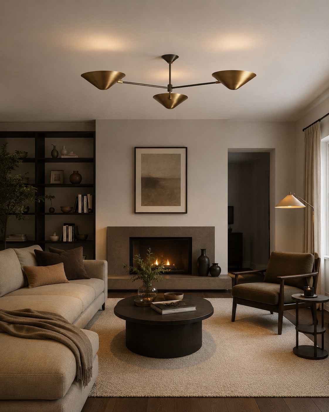 A modern living room featuring a beige sectional sofa, a dark round coffee table, a brown armchair, a built-in fireplace, and a three-light brass ceiling fixture.