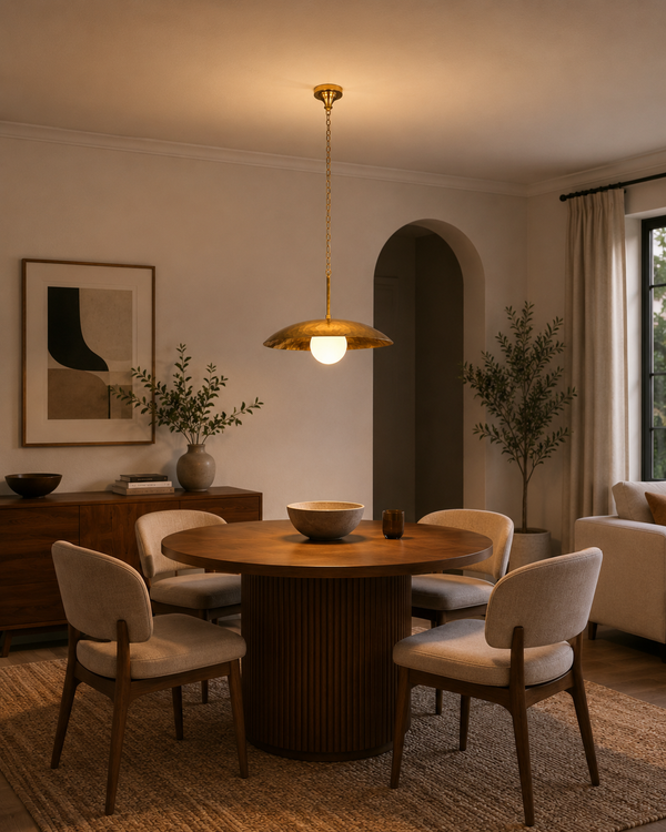 Raw Brass Dome Disc Pendant Light With Opal Glass Globe – Model 33375
