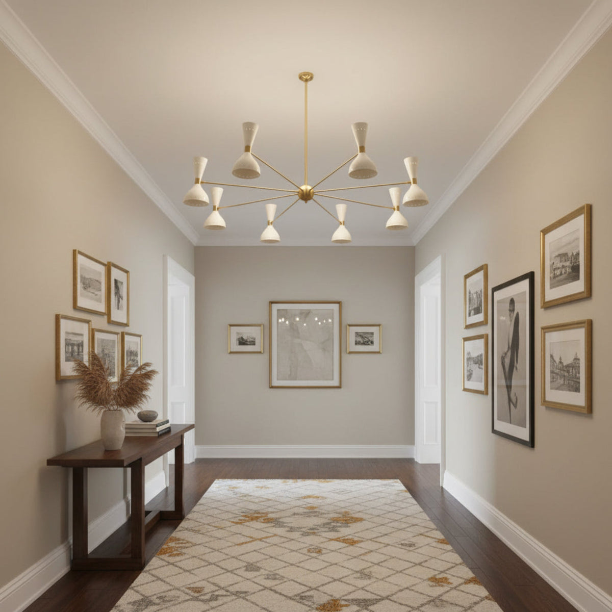 Spatula-style chandelier with nine cream-colored cone-shaped shades and a brass central hub and arms, shown with dimension lines indicating a width of 59.9 inches and a height of 43.