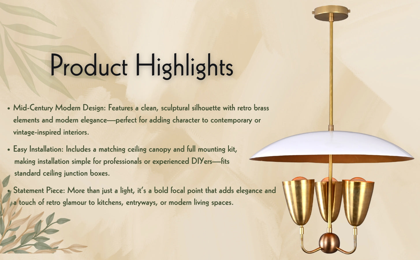 Raw Brass Disc Pendant Light – 3-Light Cone Chandelier | Handmade Brass Ceiling Fixture (24" x 36") | Mid-Century Modern Lighting 32474