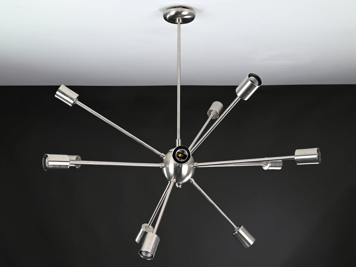 Modern 12-Light Brushed Steel Sputnik Chandelier – Minimalist Mid-Century Ceiling Fixture - 32153