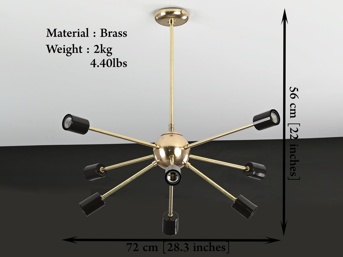 Mid-Century 8-Light Brass & Black Sputnik Chandelier – Modern Minimalist Ceiling Light - 32163