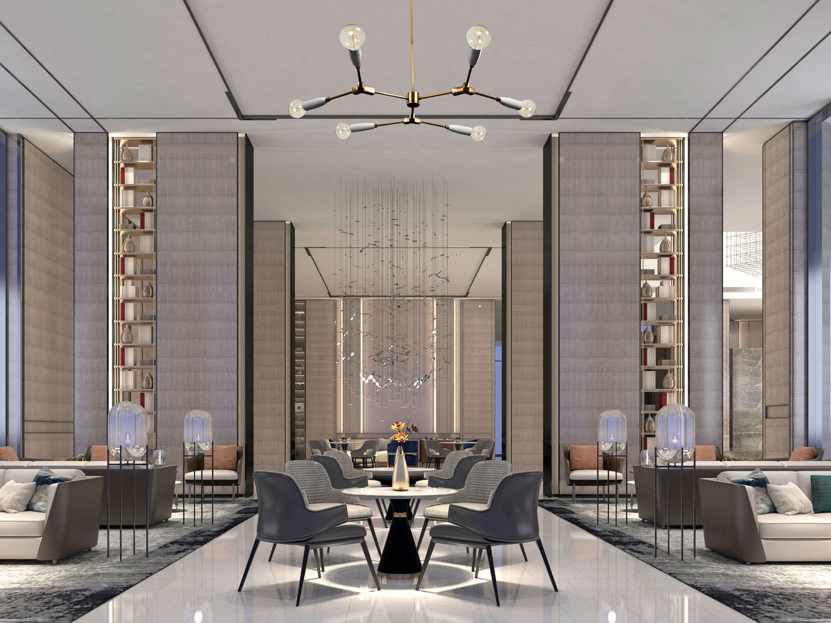 Contemporary 8-Light Brass Chandelier with White Holders – Double-Arm Ceiling Fixture with Globe Bulbs - 32164