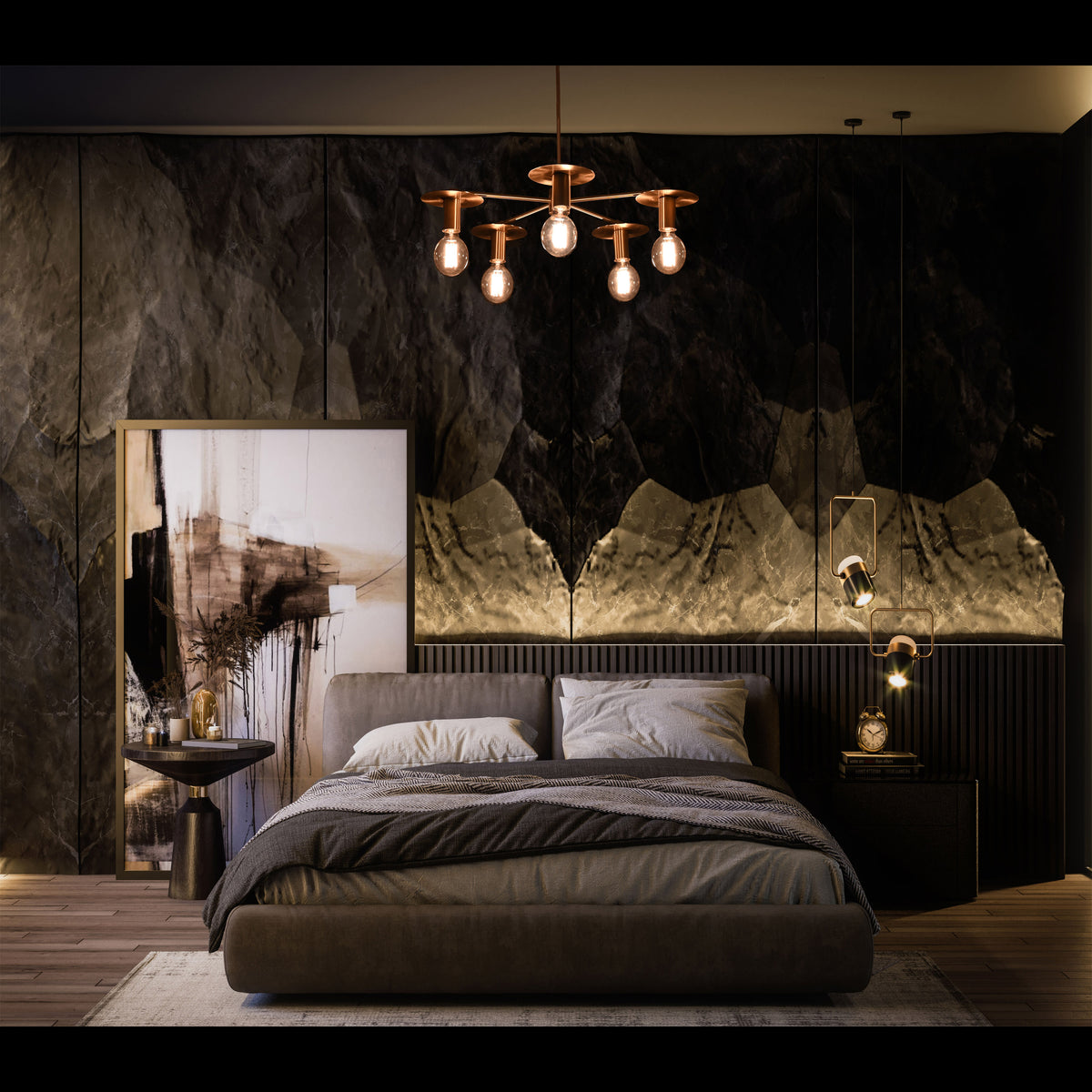 Retro 6-Light Brass Sputnik Chandelier – Vintage Ceiling Fixture with Wide Disc Shades - 32188