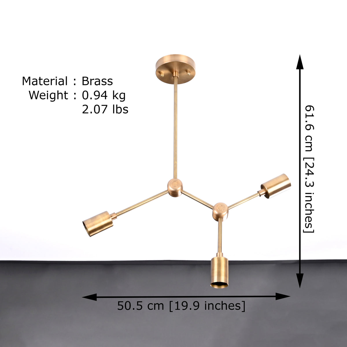 Modern 3-Light Antique Brass Chandelier – Asymmetrical Mid-Century Ceiling Fixture with Exposed Bulbs - 32202