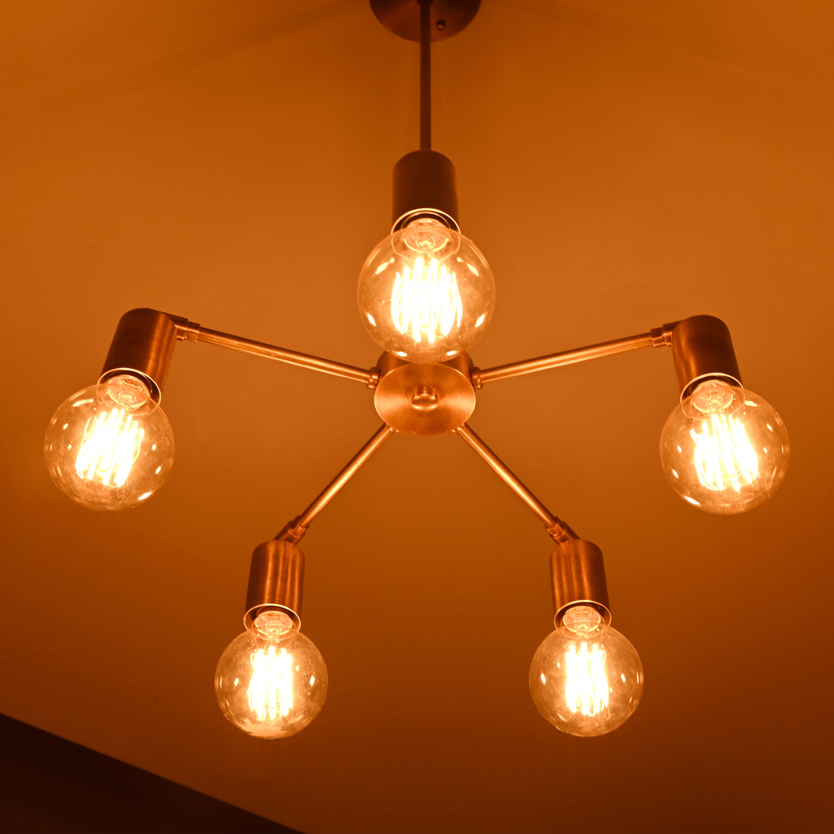 Modern 5-Light Brass Chandelier – Starburst Ceiling Fixture with Exposed Edison Bulbs - 32203