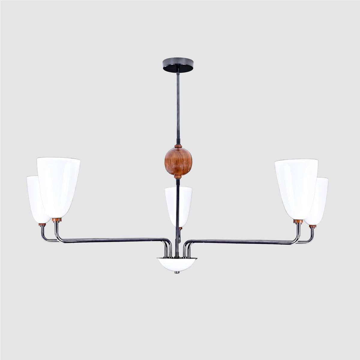 Mid-Century 6-Light Black & Wood Chandelier – Sculptural Arm Fixture with Opal Glass Shades - 32216