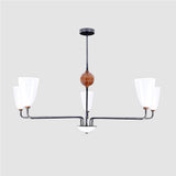 Mid-Century 6-Light Black & Wood Chandelier – Sculptural Arm Fixture with Opal Glass Shades - 32216