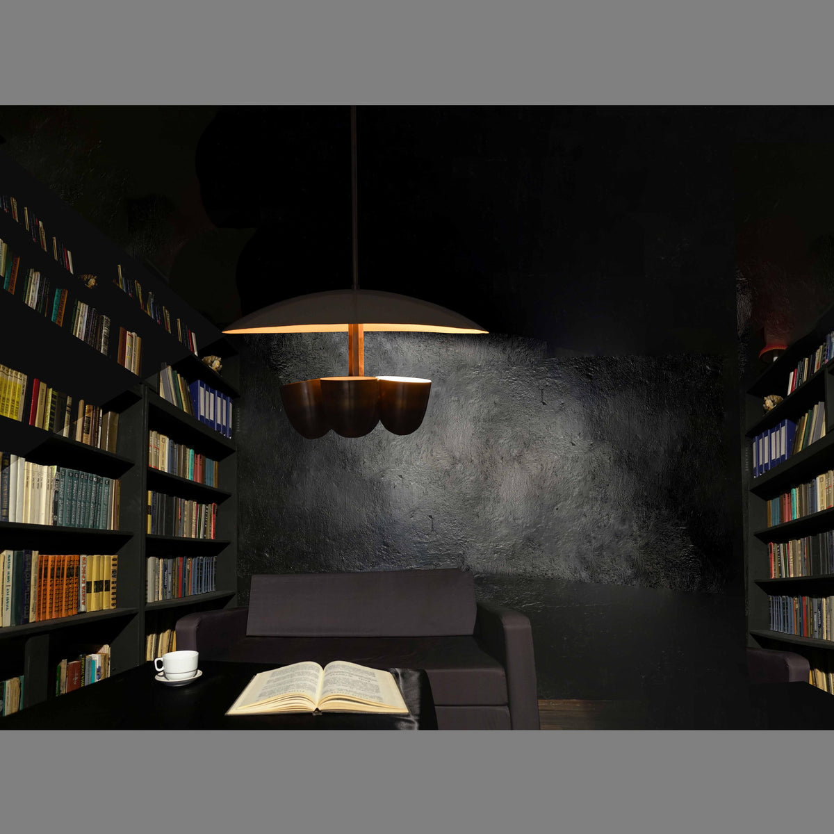 Mid-Century 5-Light Brass Chandelier – Saucer Disc Shade with Sculptural Cup Holders - 32224