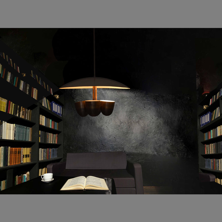 Mid-Century 5-Light Brass Chandelier – Saucer Disc Shade with Sculptural Cup Holders - 32224