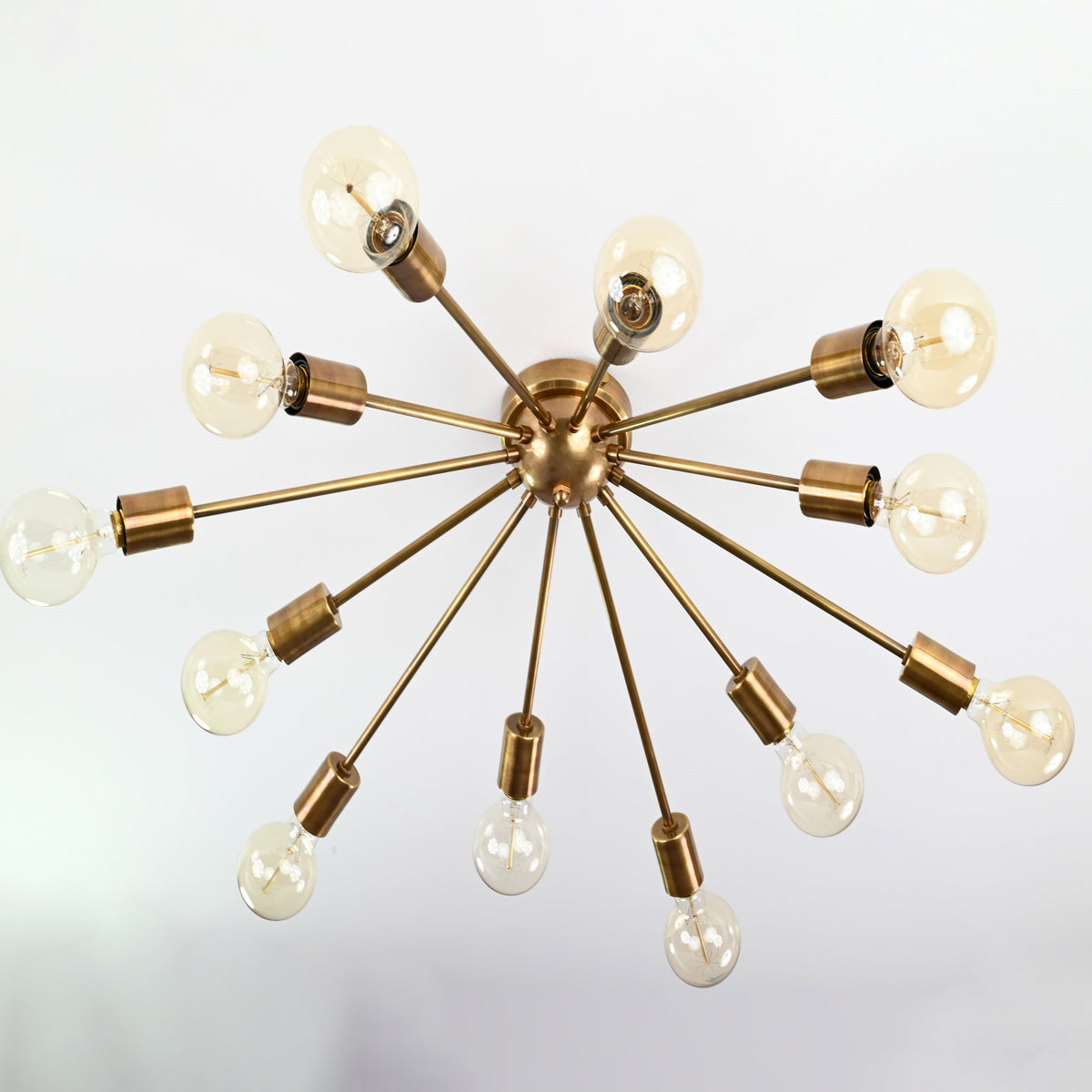 Antique Brass 12-Light Sputnik Chandelier – Industrial Mid-Century Flush Mount Starburst Ceiling Light Base - 32152
