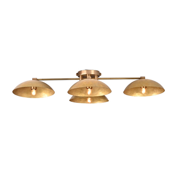 Front view of 4 disc bowl brass flush mount ceiling light with brushed brass finish by Brass Leaf Studio