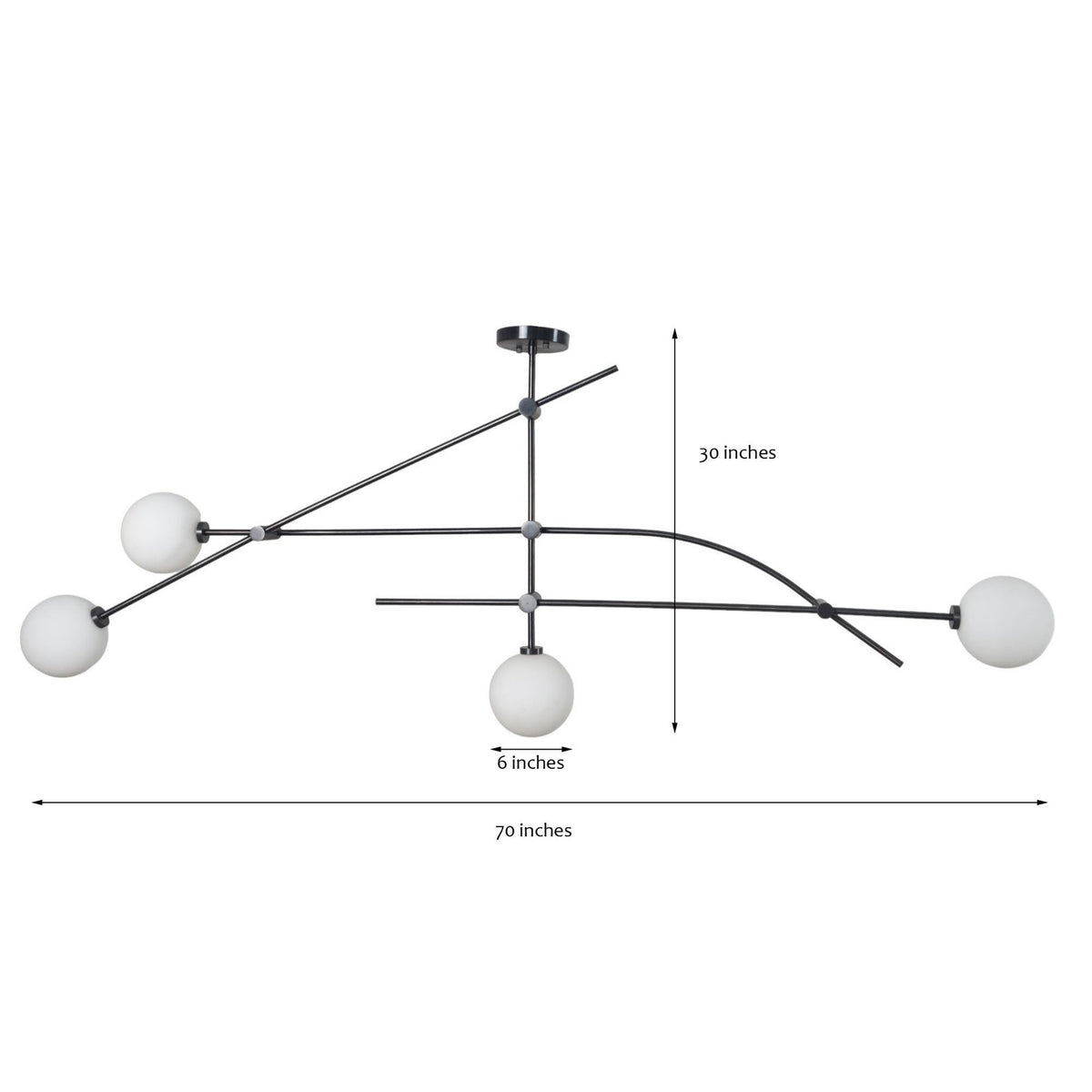 Dimension diagram of 4-globe chandelier showing 70-inch width and 30-inch height with adjustable brass arms